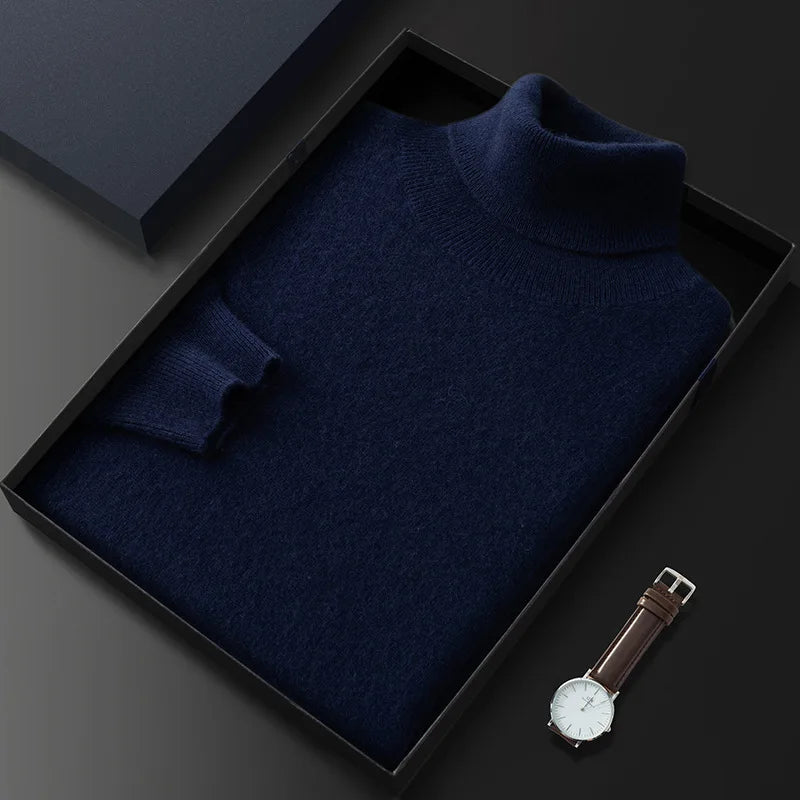 100% Cashmere Turtleneck Men Pullovers Autumn Winter Soft Light Warm Rolled Neck Jumper Jersey Pull Homme Knitted Sweater Navy Blue