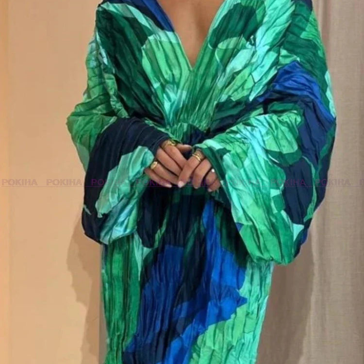 CIL V-neck Loose Backless Baggy Sleeve Women Split Maxi Dress Vintage Printed Vacation Elegant Pleated Long Dress Vestido