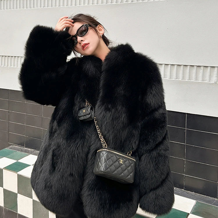 Autumn Winter Black Thick Warm Soft Hairy Shaggy Faux Fox Fur Coat Women Stand Collar Luxury Designer Fluffy Jacket 2024