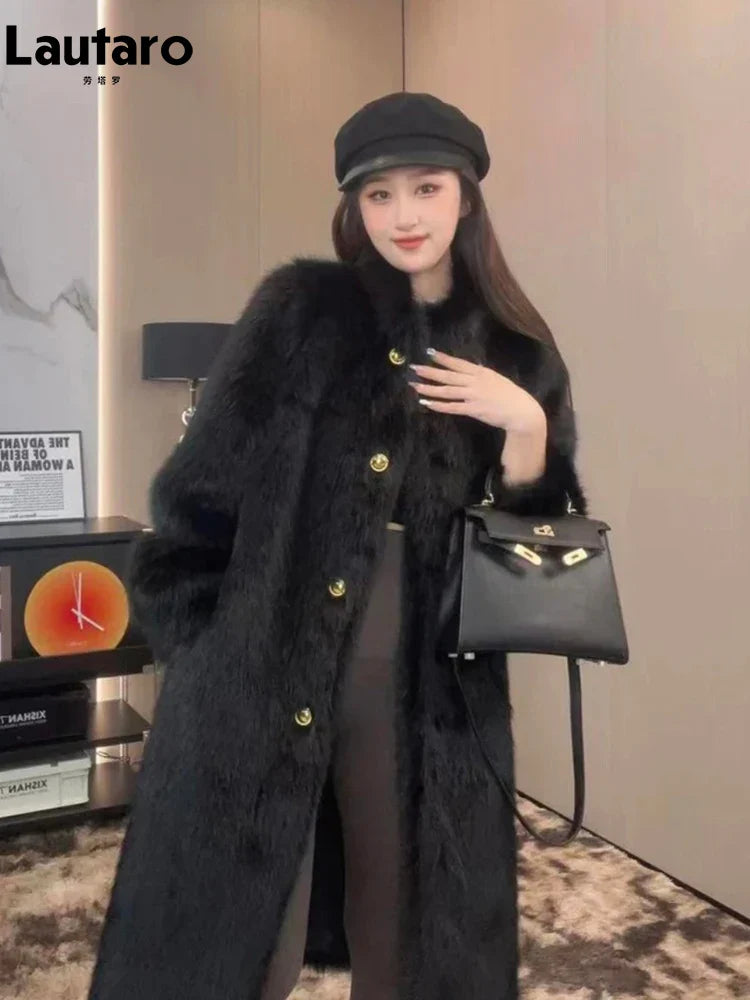 Autumn Winter Long Thick Warm Hairy Soft Faux Fox Fur Coat Women Stand Collar Elegant Luxury Chic Fluffy Jacket 2024 Black