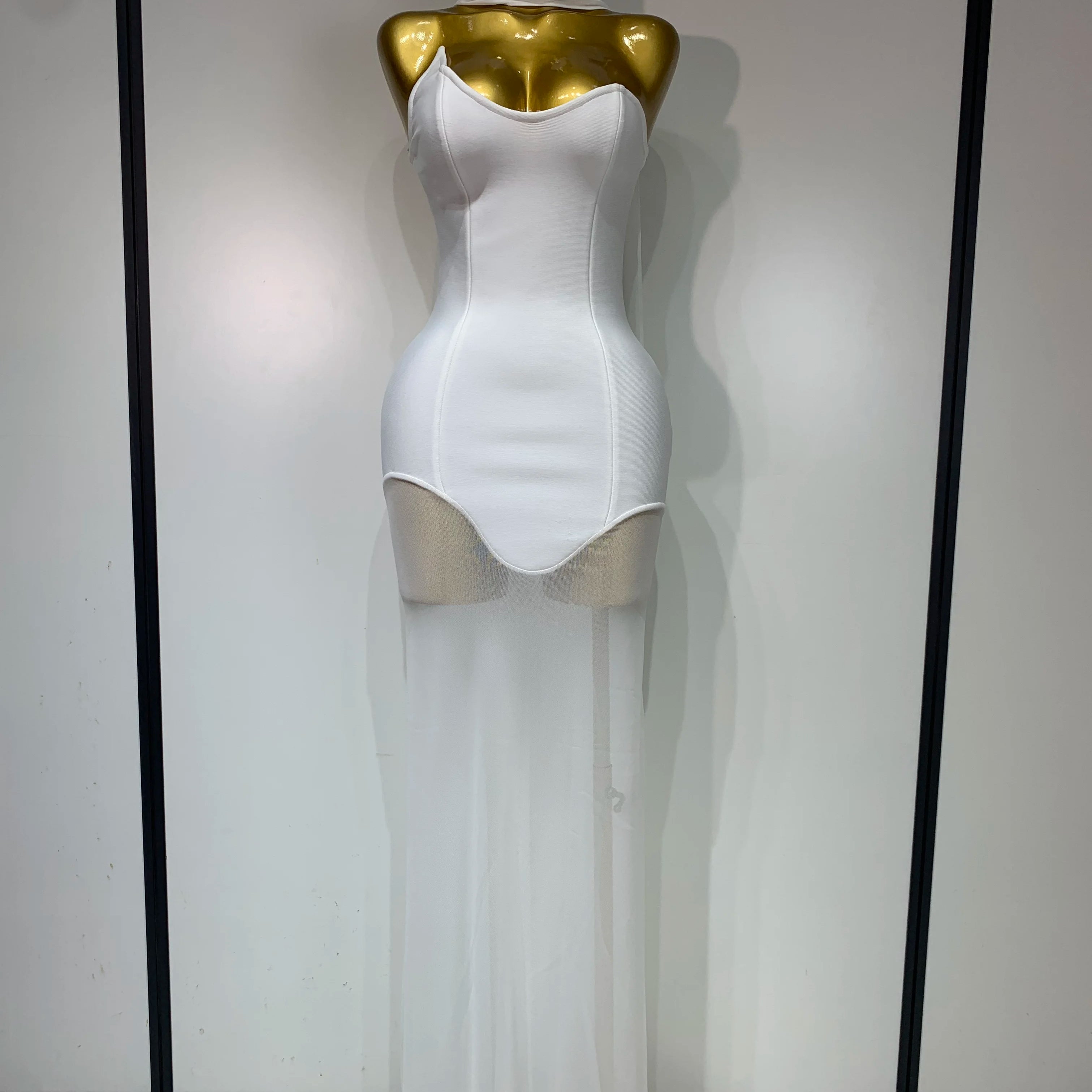 Sexy Strapless Long Bandage Dress Black Mesh Patchwork Elegant Women Blackless Evening Party Gowns Bodycon Birthday Dresses