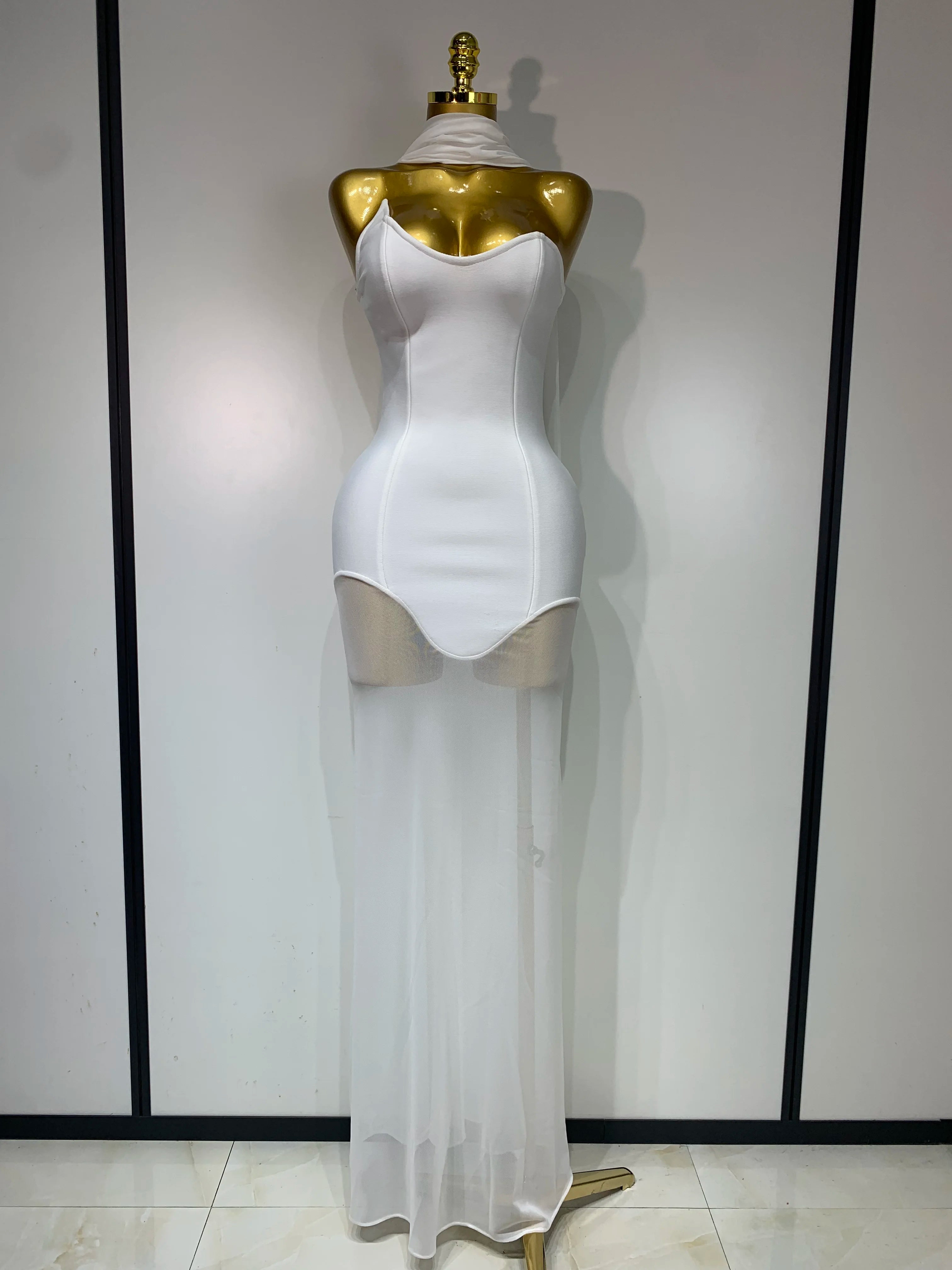 Sexy Strapless Long Bandage Dress Black Mesh Patchwork Elegant Women Blackless Evening Party Gowns Bodycon Birthday Dresses