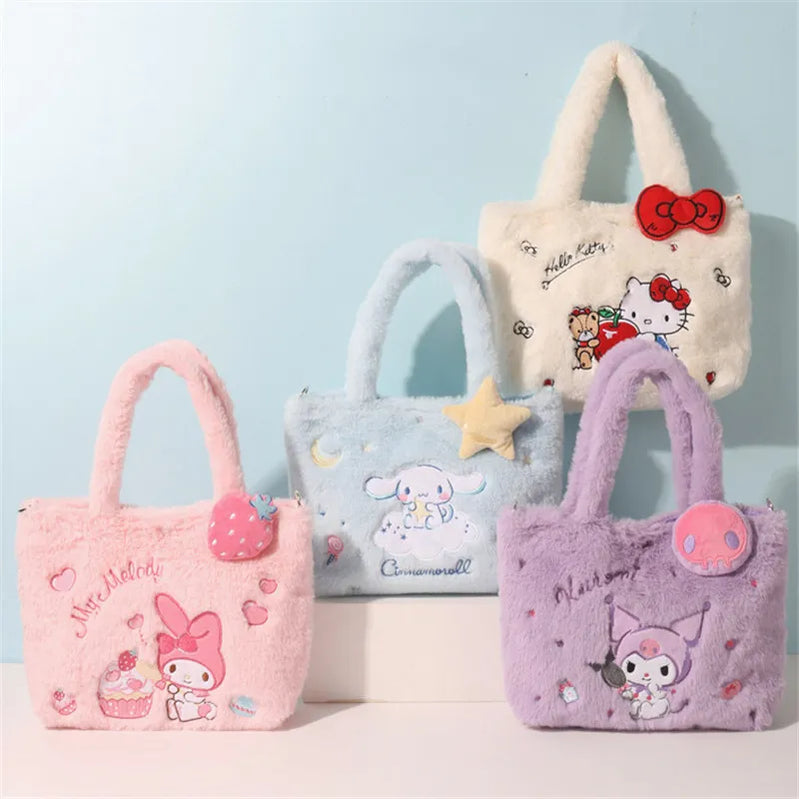 Sanrio Plush Bag Kawaii Cinnamoroll Handbag Tote Plushie Shoulder Messenger Bags Kuromi Hello Kitty Stuffed Makeup Backpack Gift