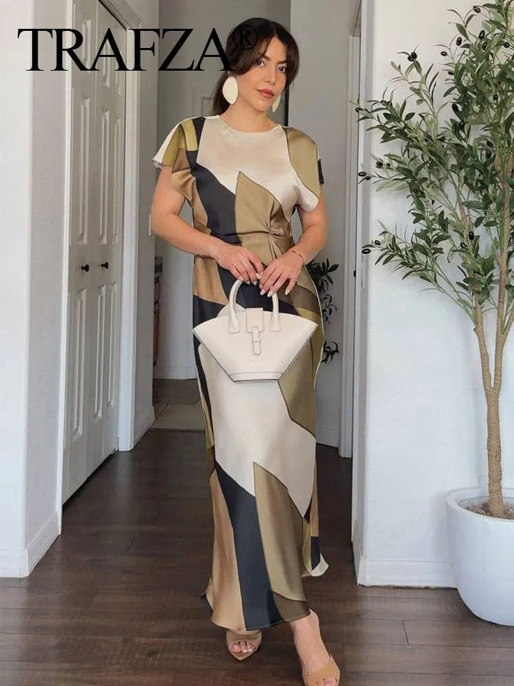 TRAFZA New Summer Women's Long Dress Print O-Neck Short Sleeves Back Hollow Out Vinatge Chic Pleats Loose Female Dresses