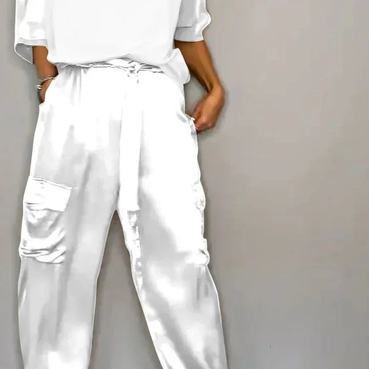 Summer Fashion Solid Satin Two Piece Set Women Round Neck Long Sleeved Top Long Pants Casual Loose Two Piece Set Women WHITE