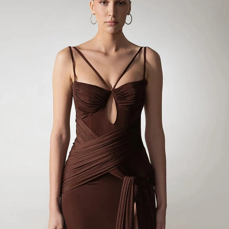 VC Chocolate Brown Strappy Sleeveless Draped Dress with High Slit & Cutout Detail for Formal Dinner Party Gown
