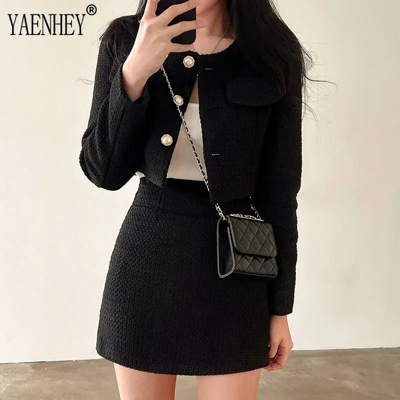 Elegant Tweed Jackets for Women Suits Autumn Winter Korean Fashion Y2k Long Sleeve Buttons Crop Coats + Skirt Suit Sets