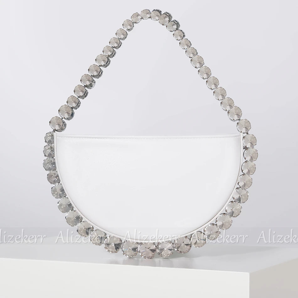 Shiny Crystal Sequines Round Evening Bags Women Luxury Designer Half Moon Rhinestone Wedding Clutch Purses And Handbags Party White PU L20 x W4 x H10cm