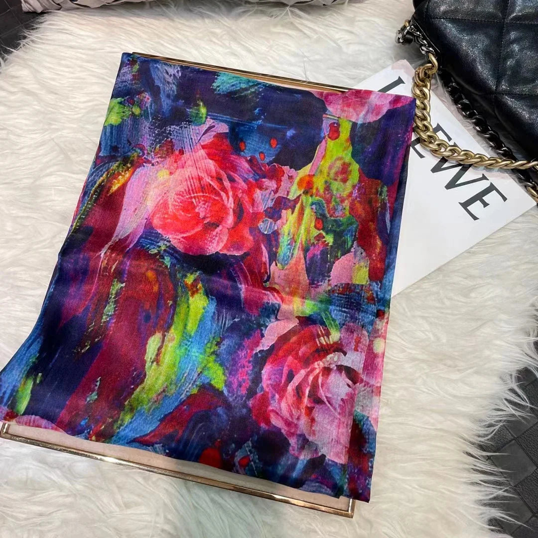 [BYSIFA] Ultralarge Spring Autumn Silk Scarf Wraps Brand Female Long Scarf Cape Fashion New Design Lace Pattern Blue Silk Scarf red blue peony