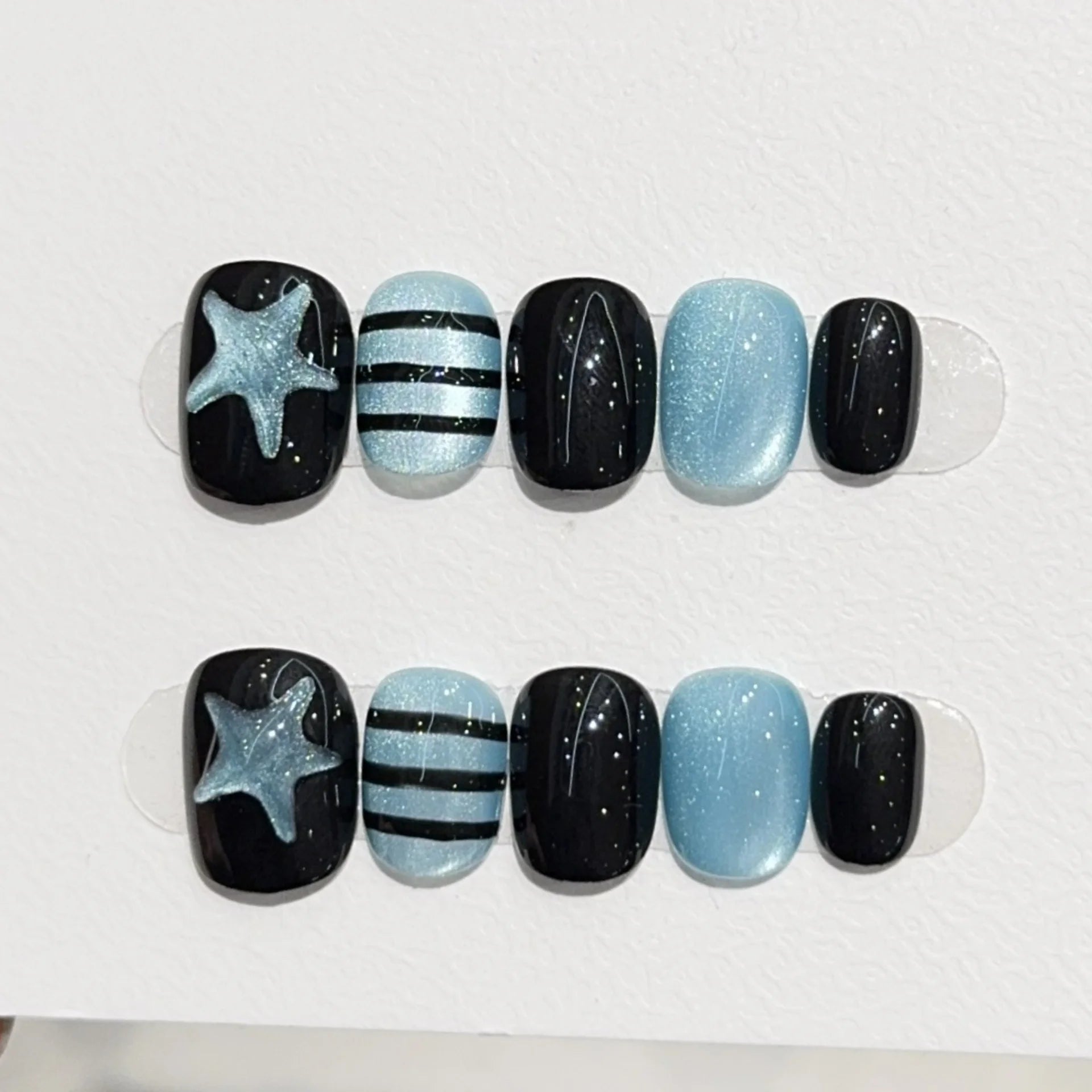 10pcs Simple Short Square Round False Nails Art Star Stripes Design Handmade Press on Nails Tips Blue Glitter Fake Nail Finished