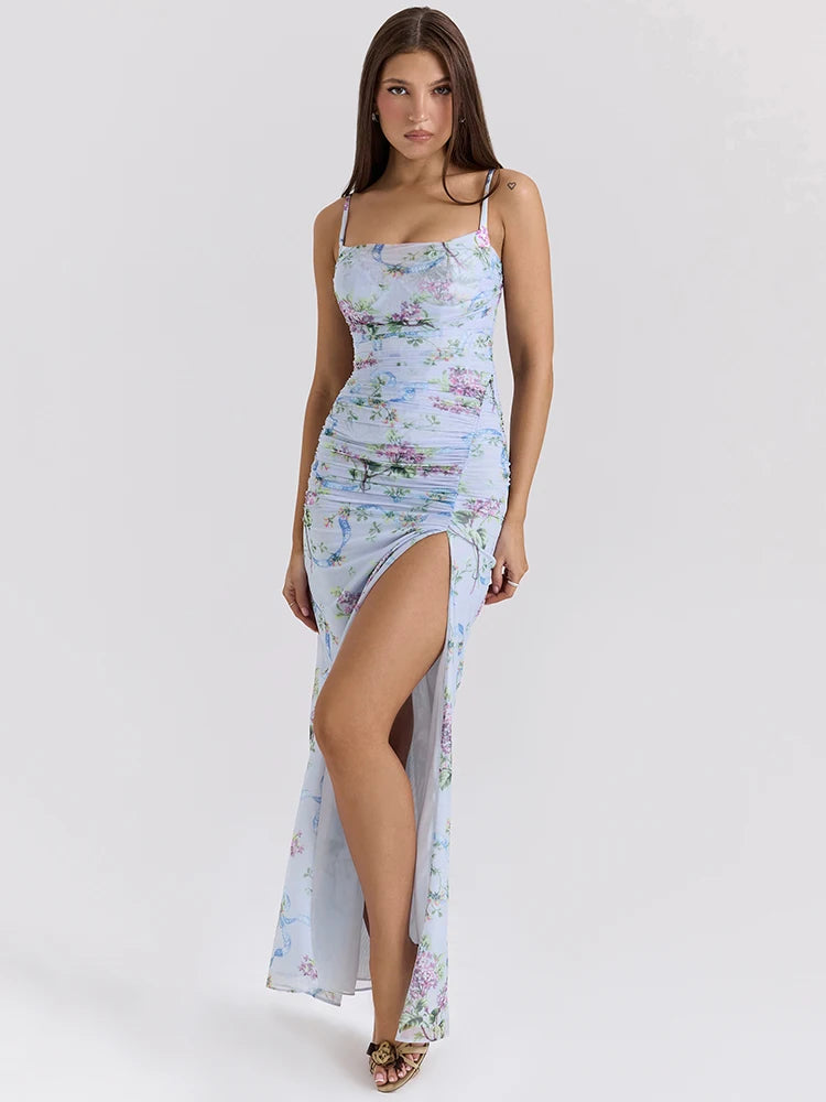 Vestido longo de malha com estampa floral azul para mulheres, com zíper, alças finas, sem mangas, costas nuas, fenda, vestido longo para festa