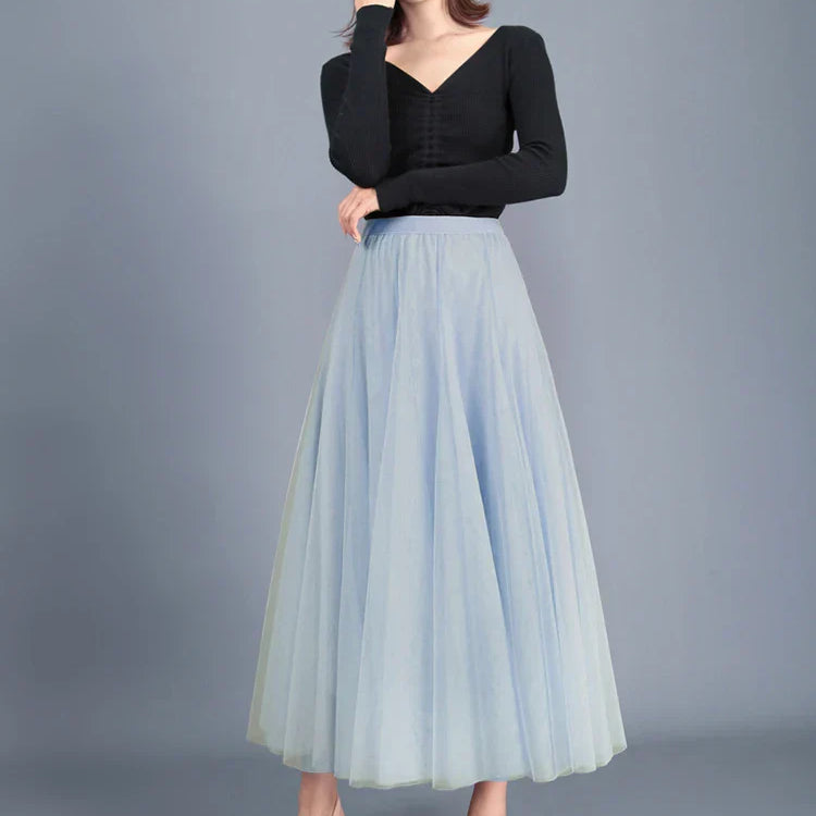 Jielur Skirts Womens Autumn 3 Layers Princess Tulle Mesh Pleated Skirt Saia Female Jupe Summer Tutu Skirts Faldas Mujer Moda grey blue One Size