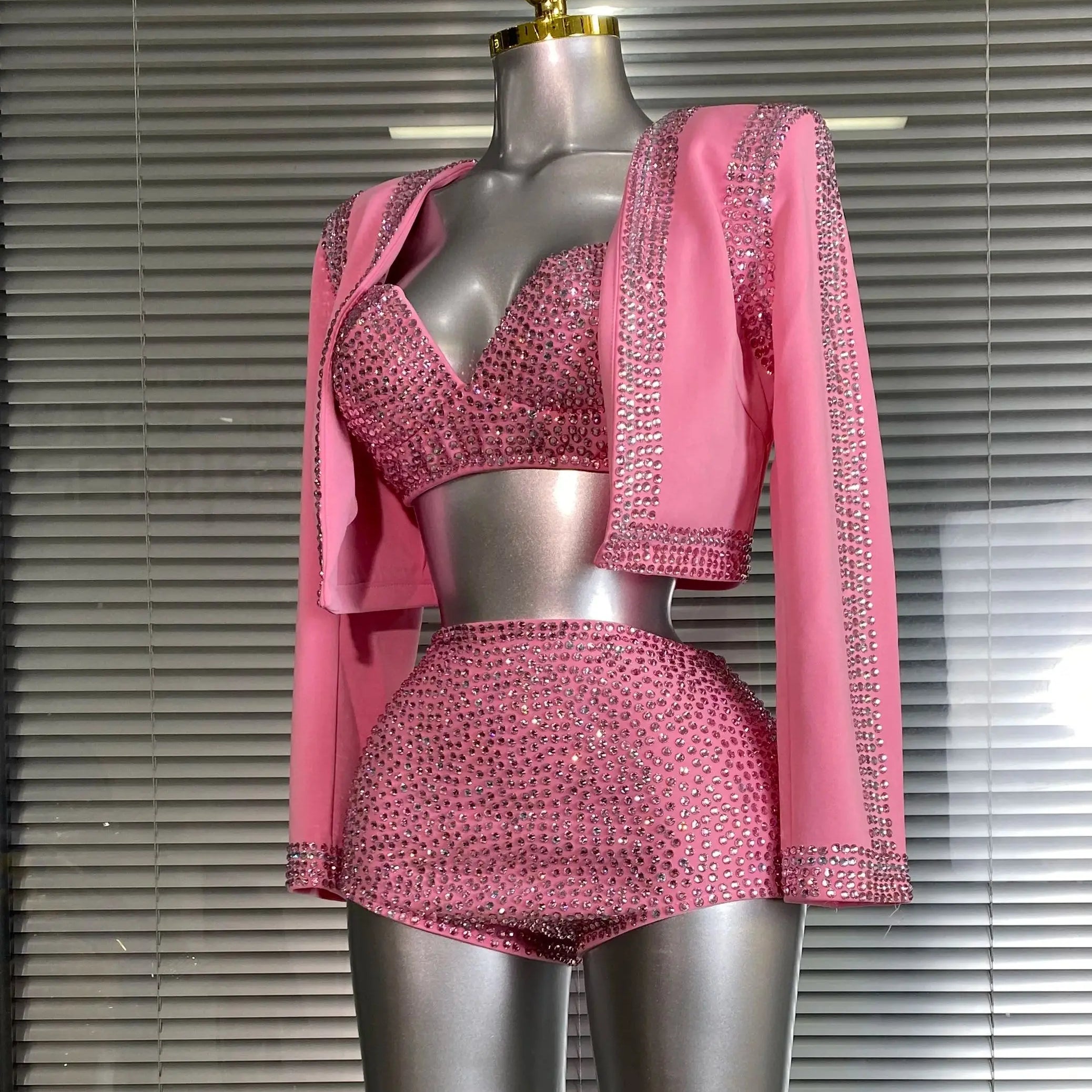 Women Sexy Two Pieces Set Pink Crystal Diamond Night Club Short Pants Suits Coat Singer Dancer Stage Performance Costume