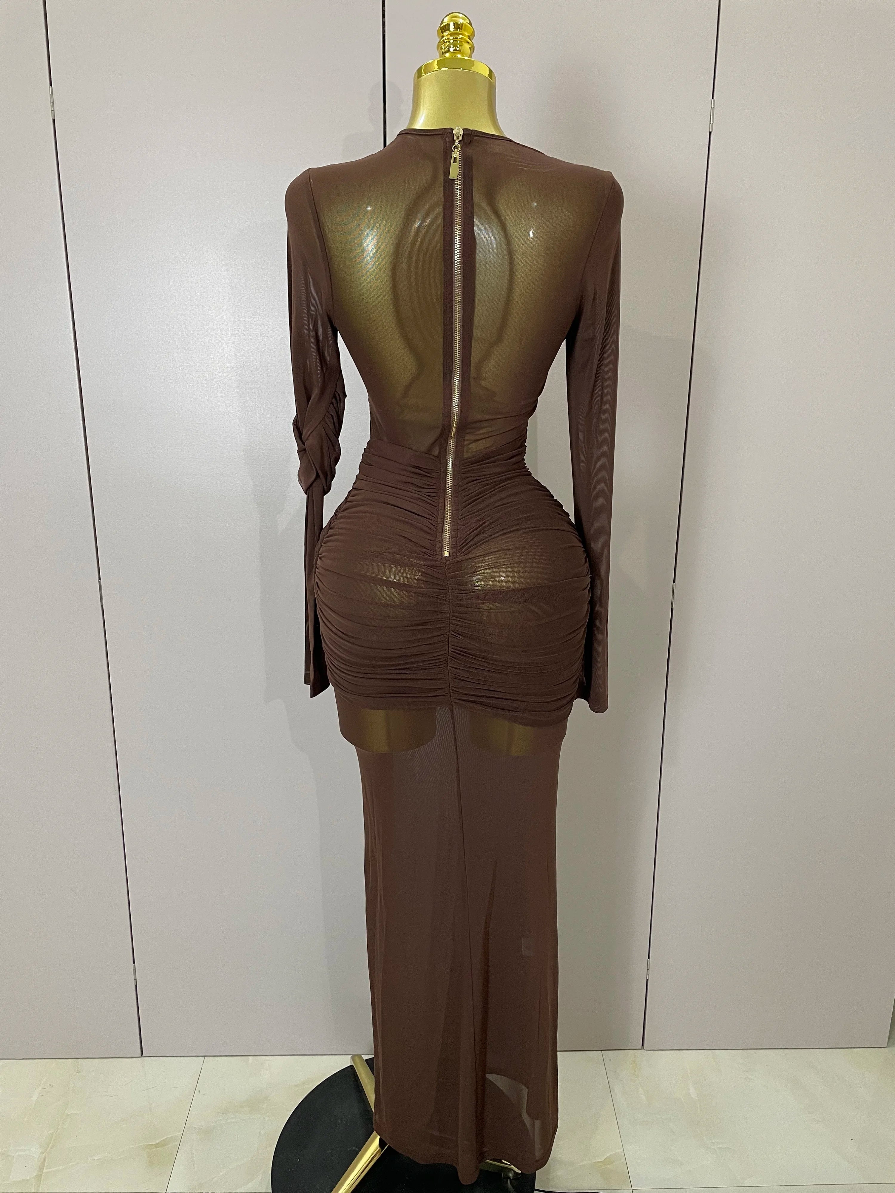 2025 Women Elegant Brown Mesh Fold Long Sleeve Bodycon Dress Evening Party Club Sexy Perspective Fashion Luxury Birthday Dresses
