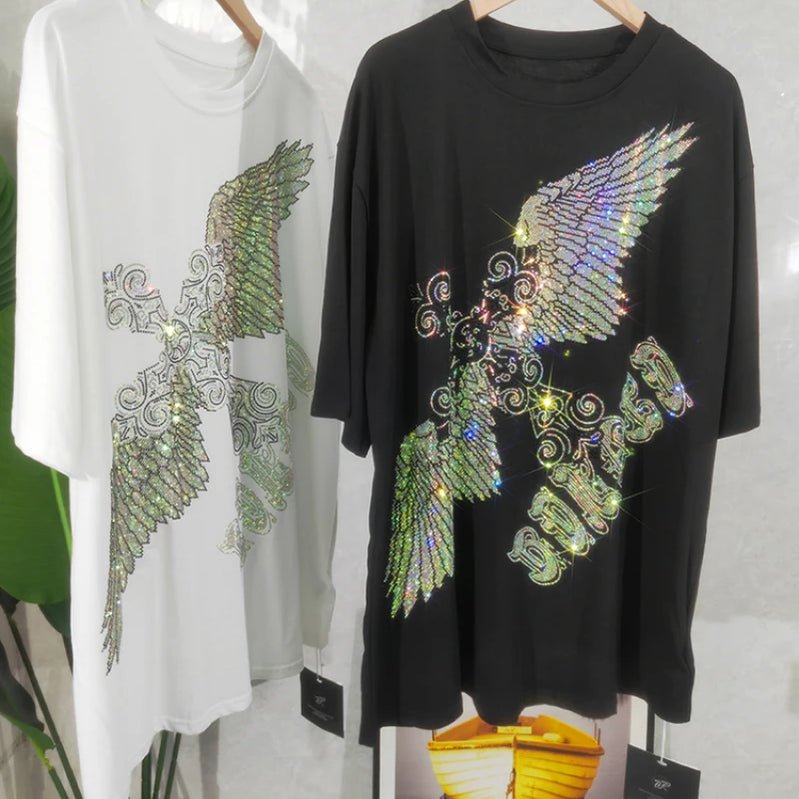 Rhinestone Eagle Luxury Big Size T Shirt Cotton 150KG Plus Size Women Men Brand T-shirt Summer Loose Fit Black Women's Clothing
