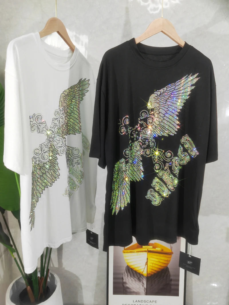 Rhinestone Eagle Luxury Big Size T Shirt Cotton 150KG Plus Size Women Men Brand T-shirt Summer Loose Fit Black Women's Clothing