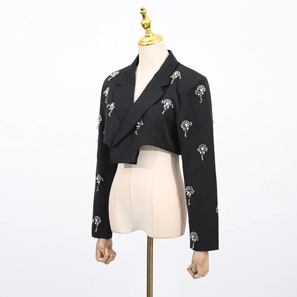 TWOTWINSTYLE Solid Slimming Elegant Jackets for Women Lapel Long Sleeves Patchwork Bead Short Jacket Female Fashion Clothing New