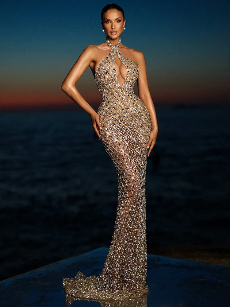VC Beige Halter Mermaid Long Dress Key Hole Backless Sequins Sleeveless Celebrity Maxi Evening Party Gowns Vestidos