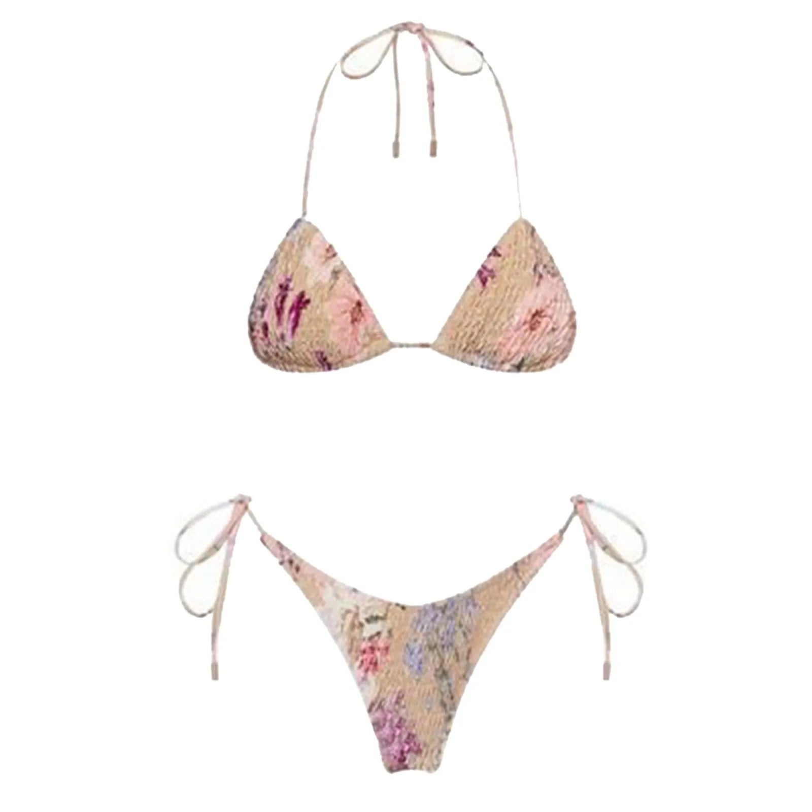 Womens Girls Sexy Bikini Swimsuit Stylish Tie-Dye Wrinkled Tankini Sets Halter Neck Lace Up Micro Bikini Swimwear Hawaiian Wear G