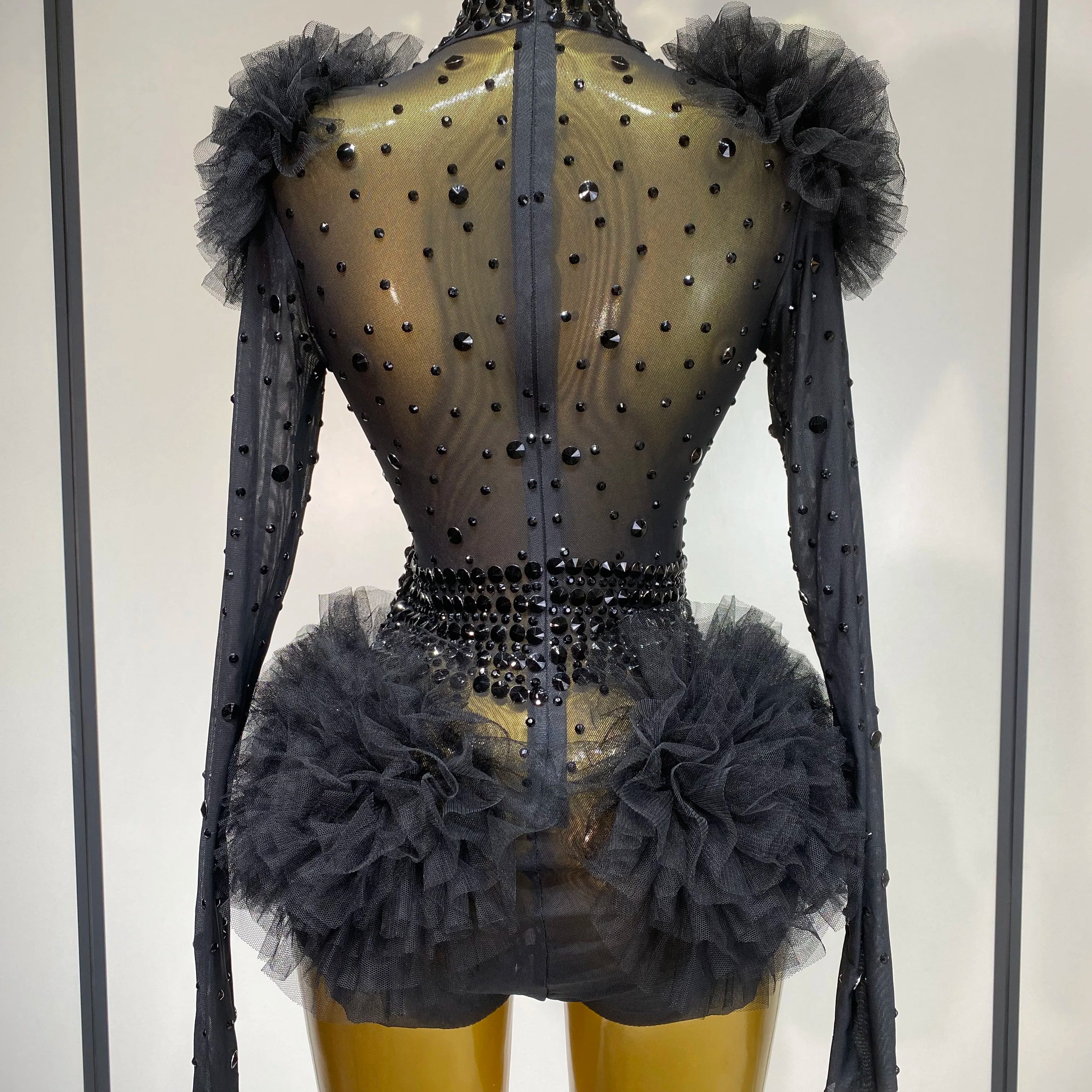 Sexy See Through Luxury Rhinestone Bodysuit Women Sexy Bodycon Mesh Ruffles Performance Dance Singer Nightclub Stage Outfit
