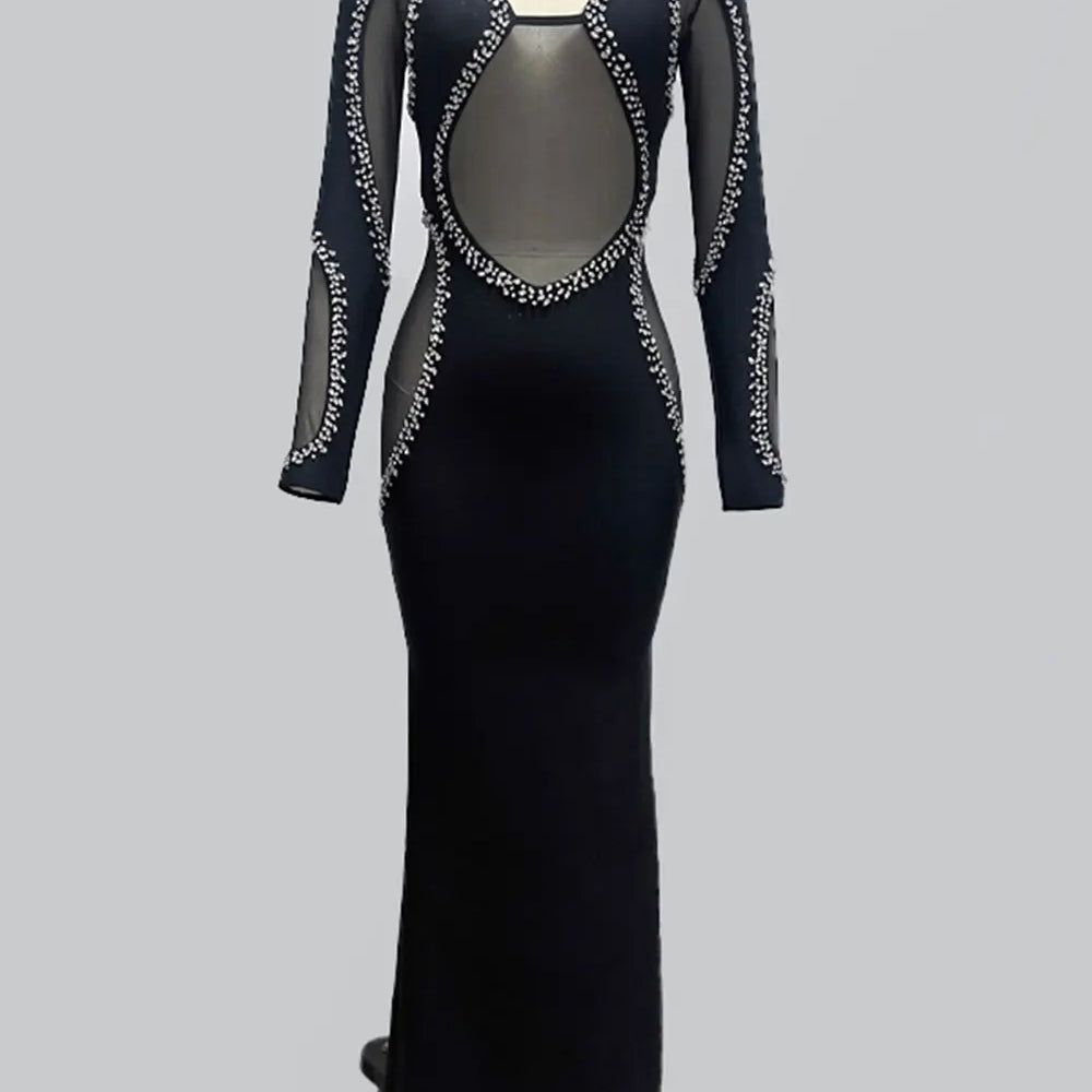 2024 Autumn Women's Light Luxury Diamond Mesh Patchwork Bandage Dress Long Sleeve Bodycon Tail Dresses Evening Party Vestidos