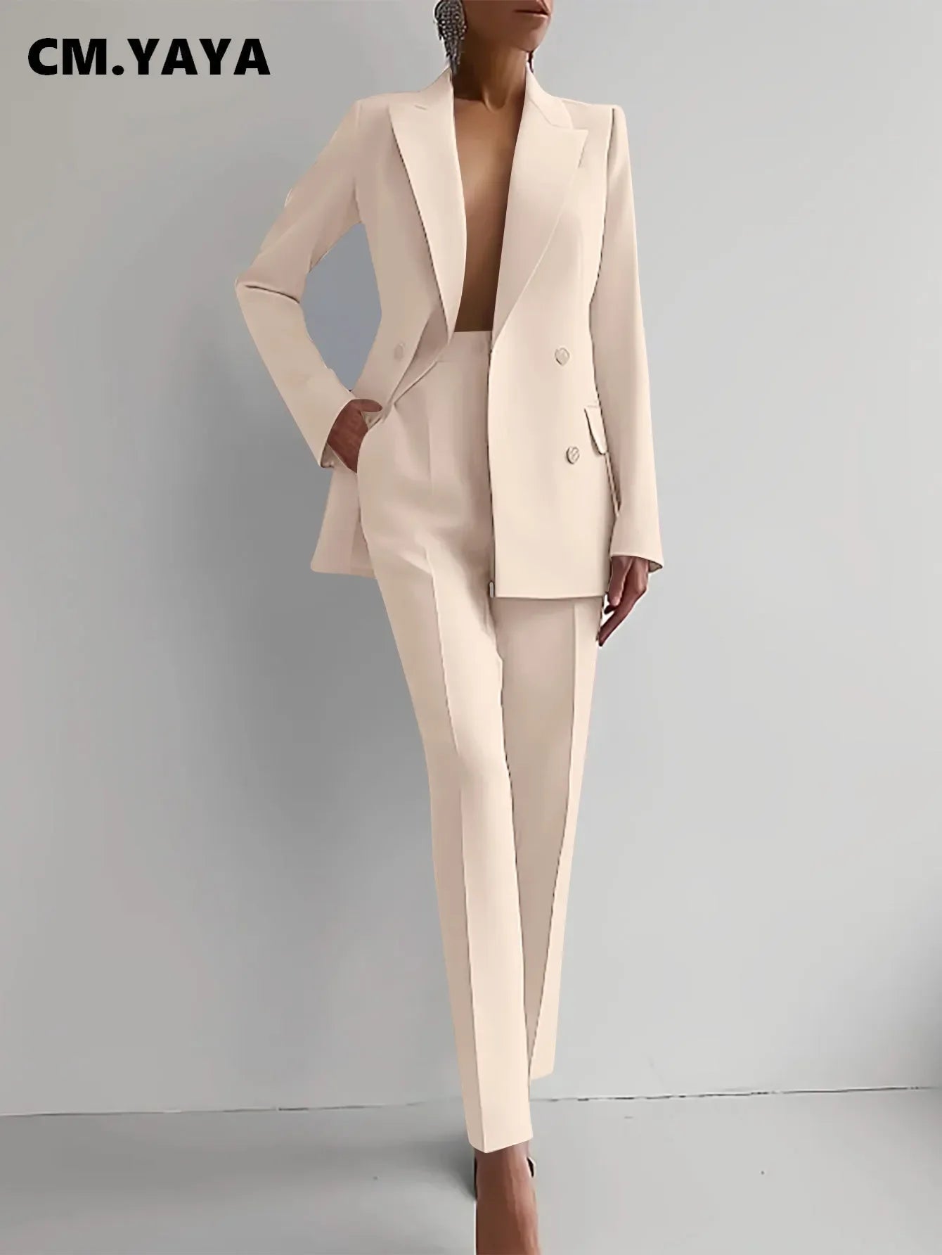 CM.YAYA Elegant Blazer Suit and Wide Leg Pants Two 2 Piece Sets Outfits  Women 2024 Classic OL Work Street Outfit Tracksuit