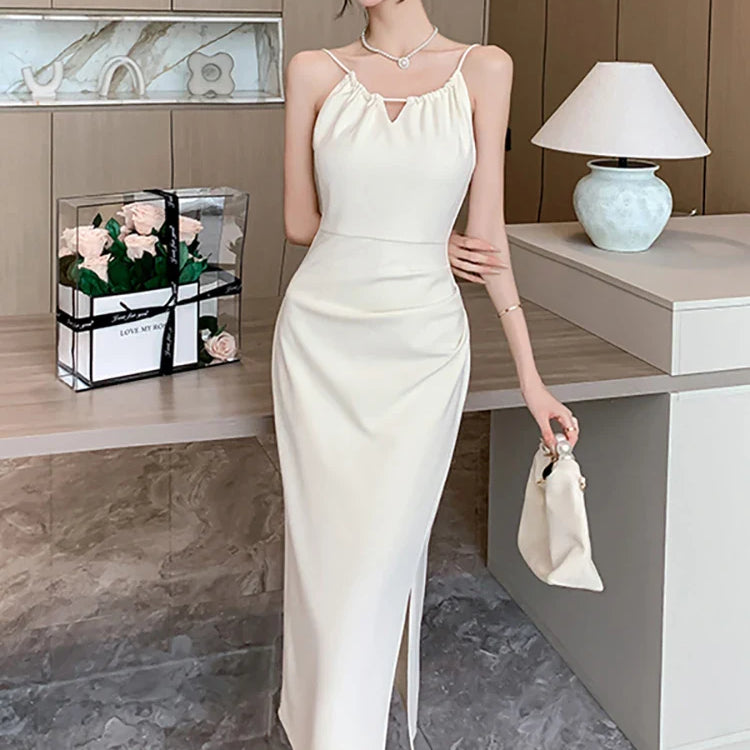 White Hollow Out Sexy Sling Long Dress for Women Korean Luxury Elegant Party Evening Dress Summer Fashion Bodycon Prom Robe