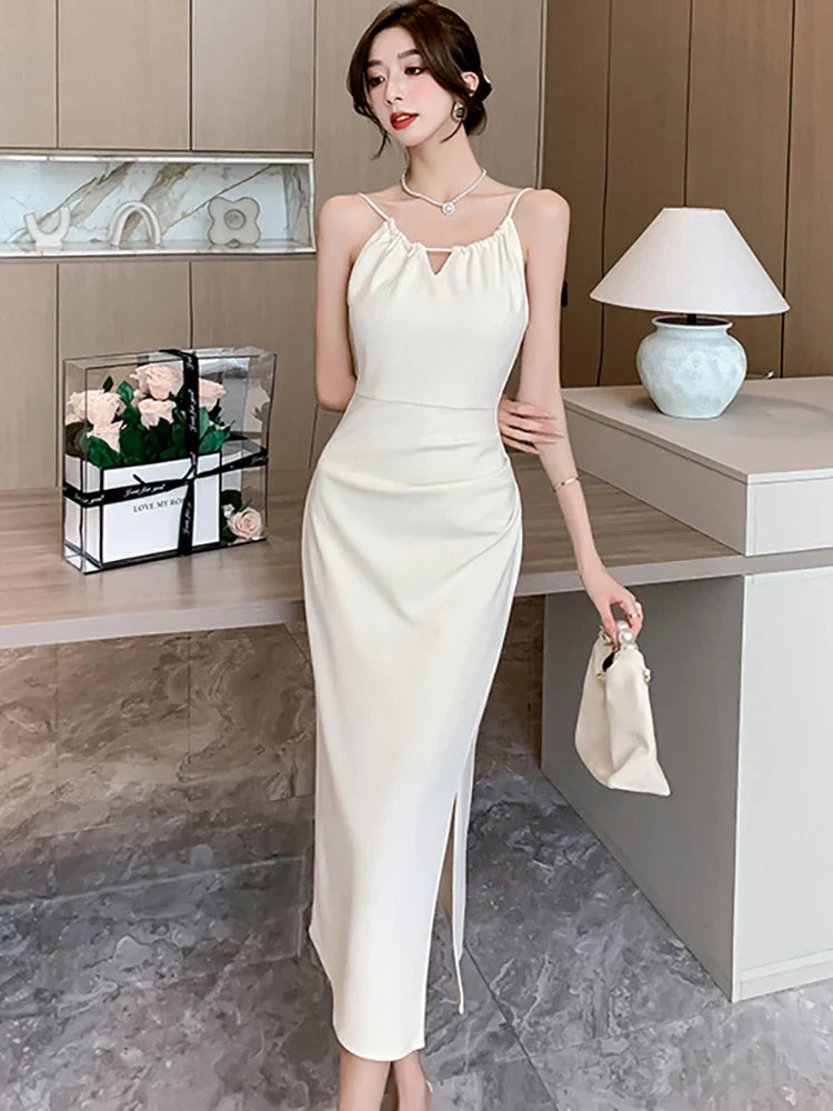 White Hollow Out Sexy Sling Long Dress for Women Korean Luxury Elegant Party Evening Dress Summer Fashion Bodycon Prom Robe