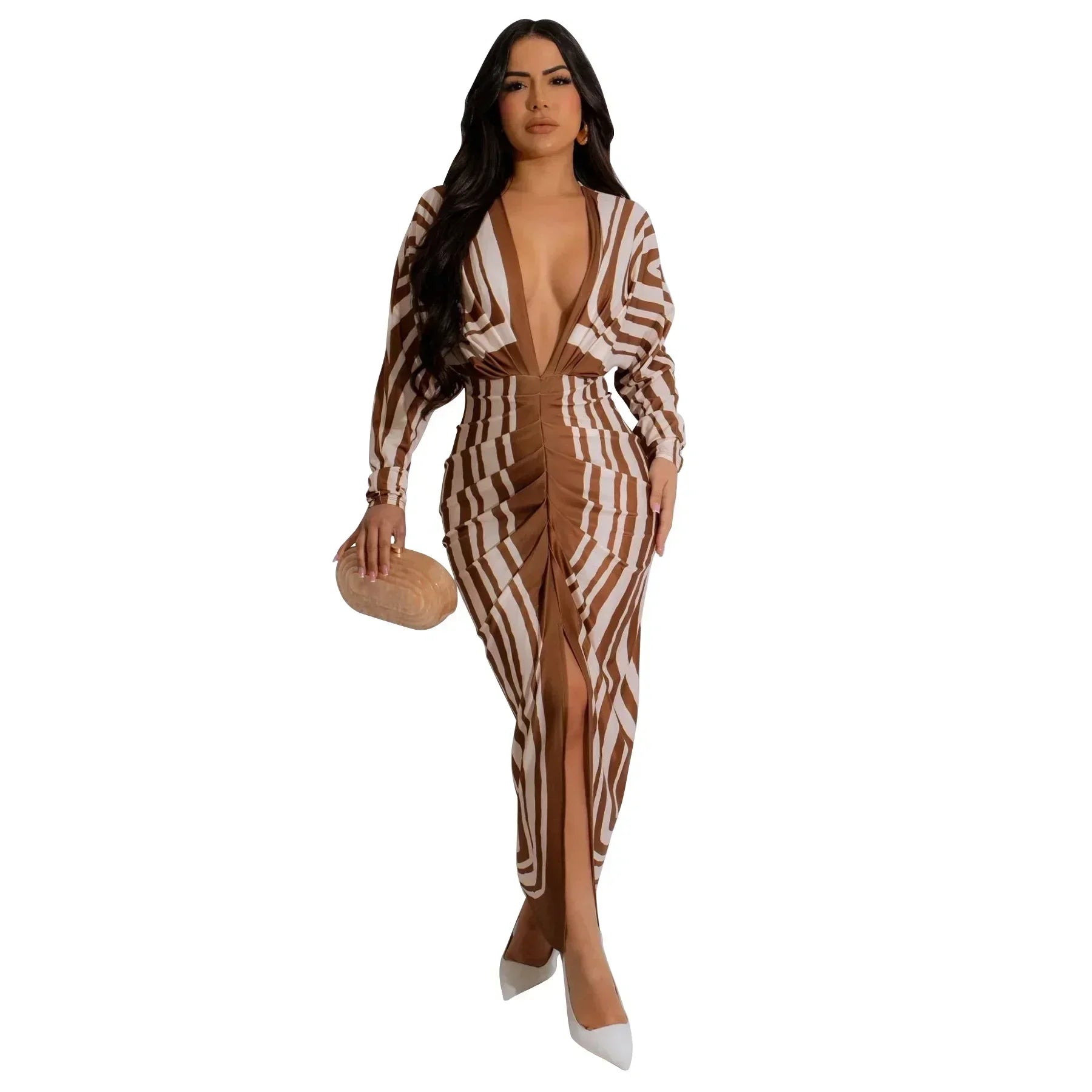 CM.YAYA 2024 Autumn V-neck Ruched Stacked Midi Dress Women Full Sleeve Print Bodycon Night Club Party Bandage Dresses Vestidos