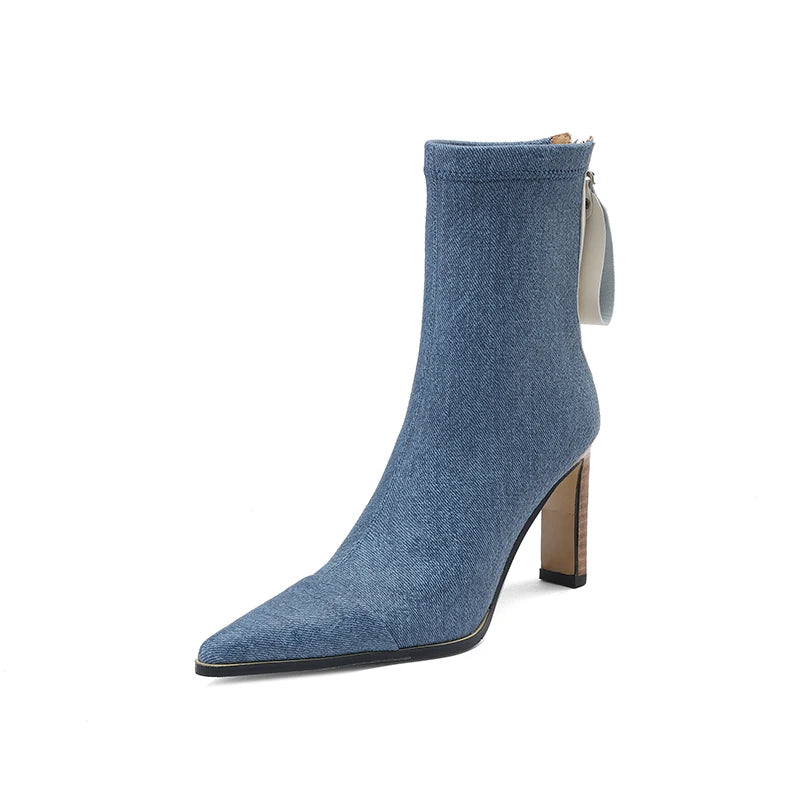 Brand New Autumn Winter Women's Boots High Heels Pointed Zipper Short Boots Fashion Sexy Knee Length Boots Denim Women's Shoes Short Plush lining