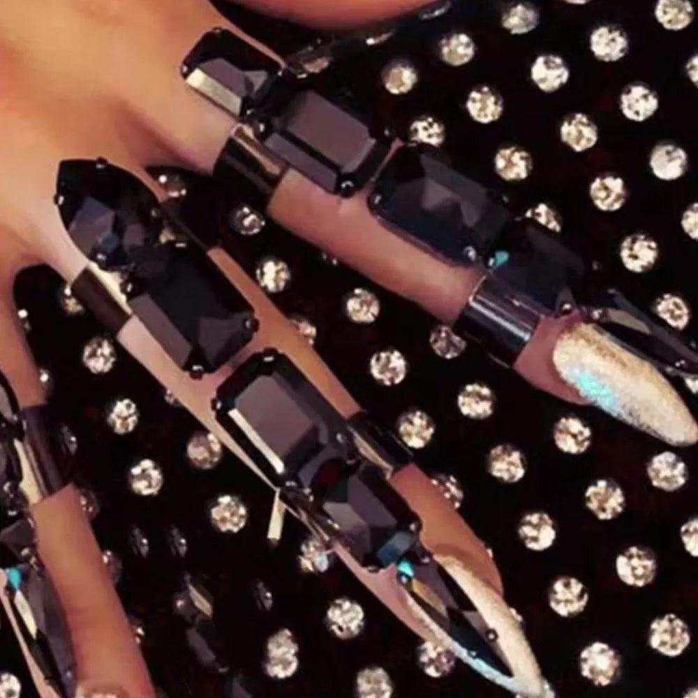 5pcs/set Crystal Square Stone Adjustable Cuff Rings Wedding Jewelry for Women Luxury Rhinestone Geometric Open Finger Rings