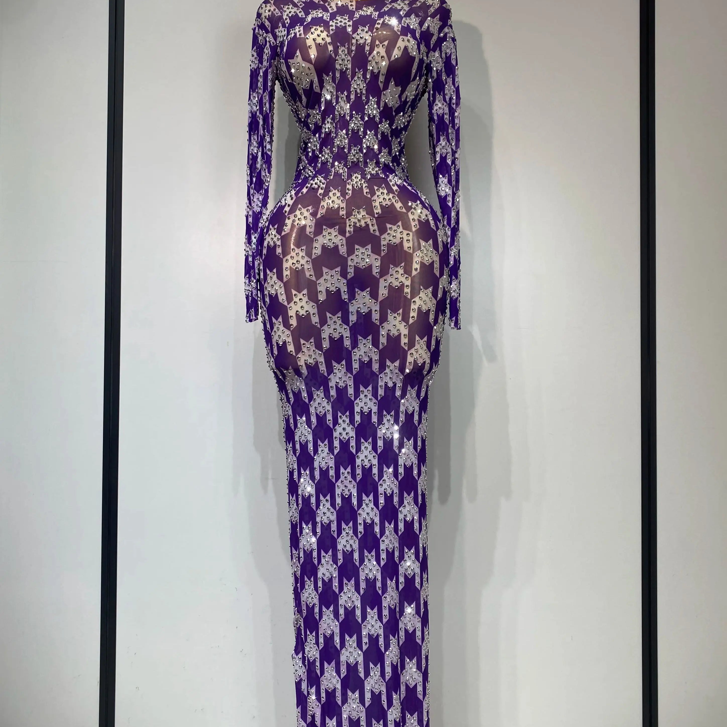 Sparkly Rhinestone Stretchy Mesh See Through Dress Women 2025 Performance Dancer Costume Luxury Birthday Nightclub Stage Outfit