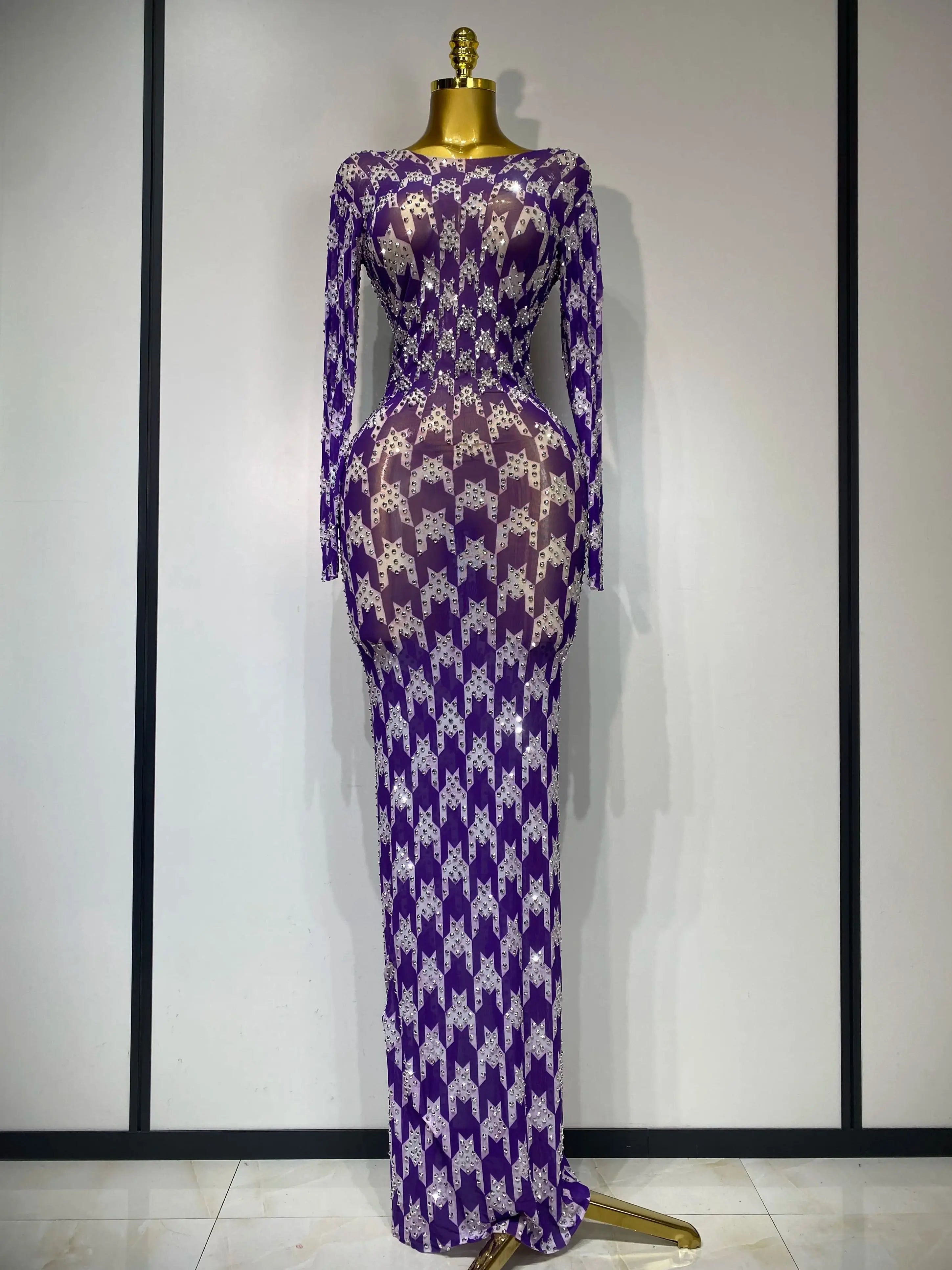 Sparkly Rhinestone Stretchy Mesh See Through Dress Women 2025 Performance Dancer Costume Luxury Birthday Nightclub Stage Outfit