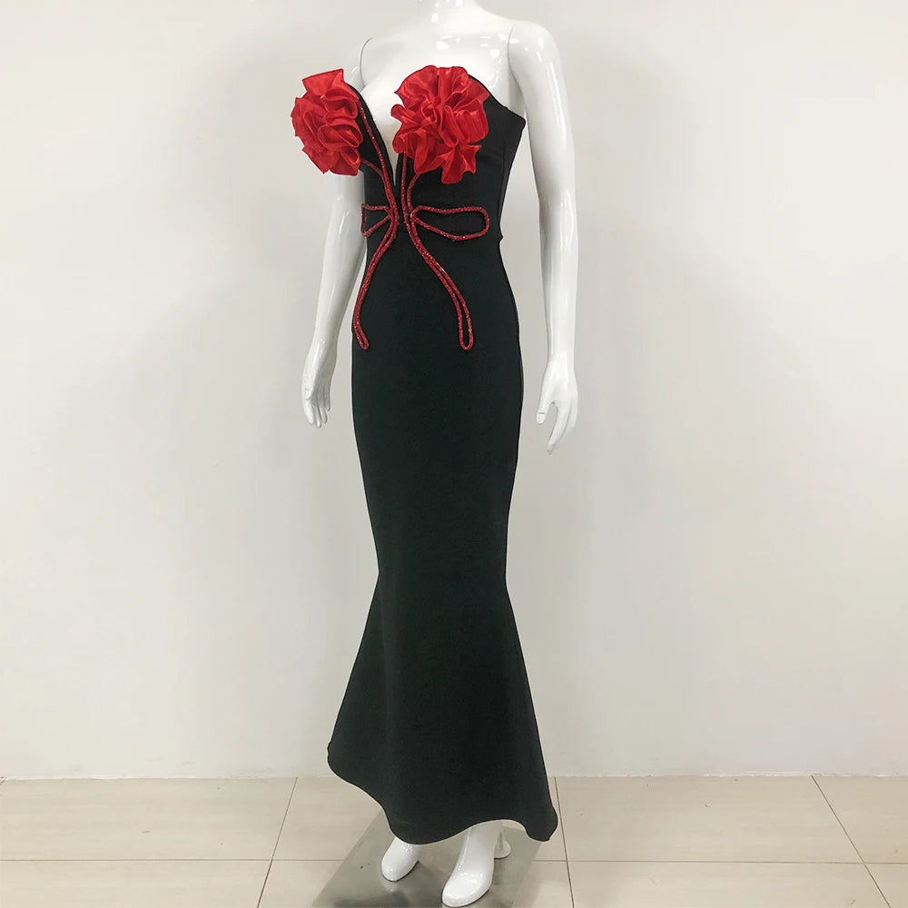 New Arrival Black Red Florals Sexy Strapless Diamond Line Bodycon Bandage Long Dress Fashion Celebrate Nightclub Party Wear