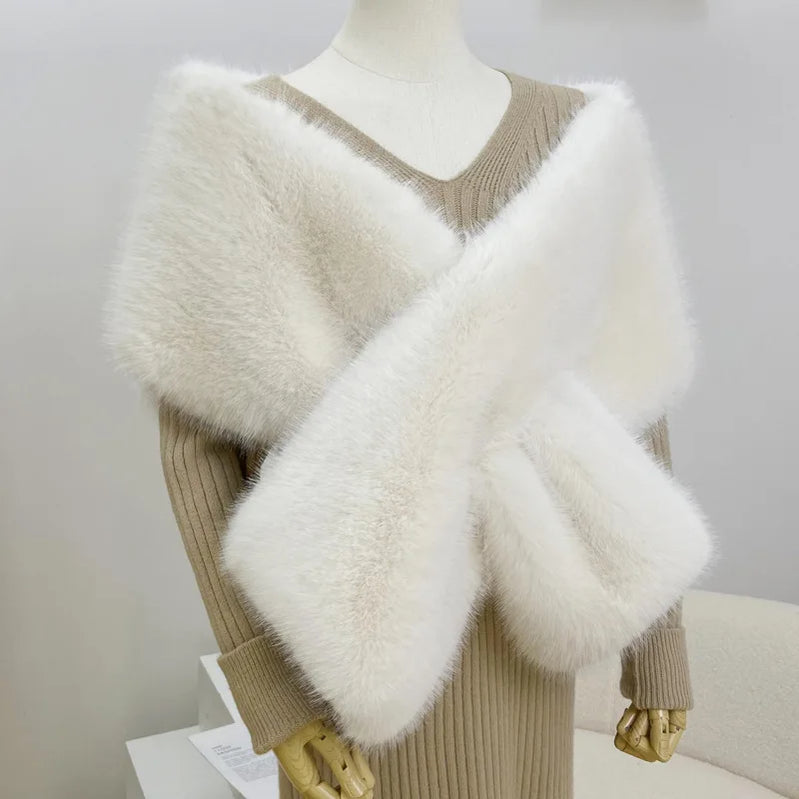 Women Fur Capes Wedding Bridal Shawl Bolero Faux Fur Stole Winter Luxury Fluffy Warm Outerwear Jacket Formal Party Shrug 165cm beige white 165cm