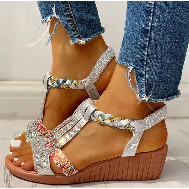 Women's Sandals Summer Bohemia Platform Wedges Shoes Crystal Gladiator Rome Woman Beach Shoes Casual Elastic Band Female