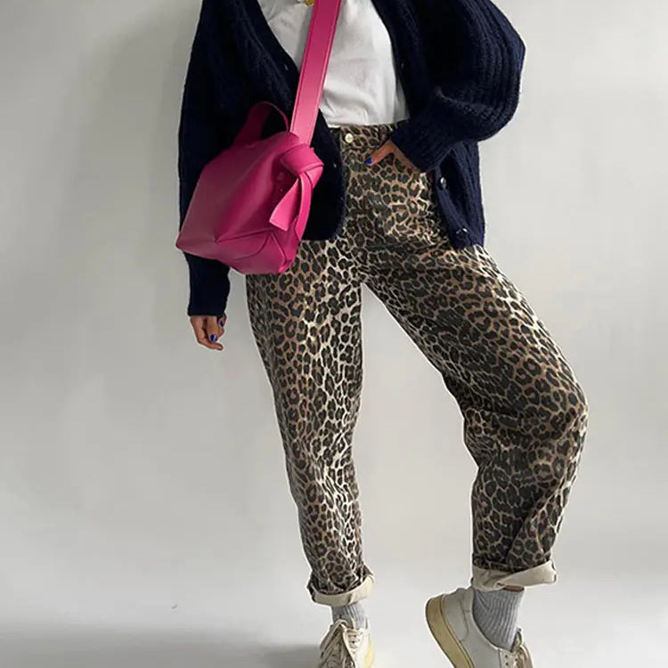 Fashion Leopard Print Wide Leg Pants Women Chic Glitter High Waist Elastic Lace Up Loose Long Pants Casual High Street Wear Pants B