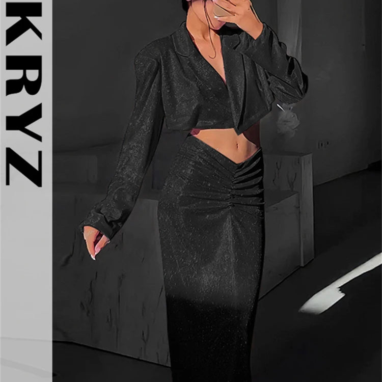 Ladies New Bling Glitter Slim Dress Set 2 Pieces Long Sleeve Pad Crop Top And Maxi Skirt Evening Party Night Club Women Outfits