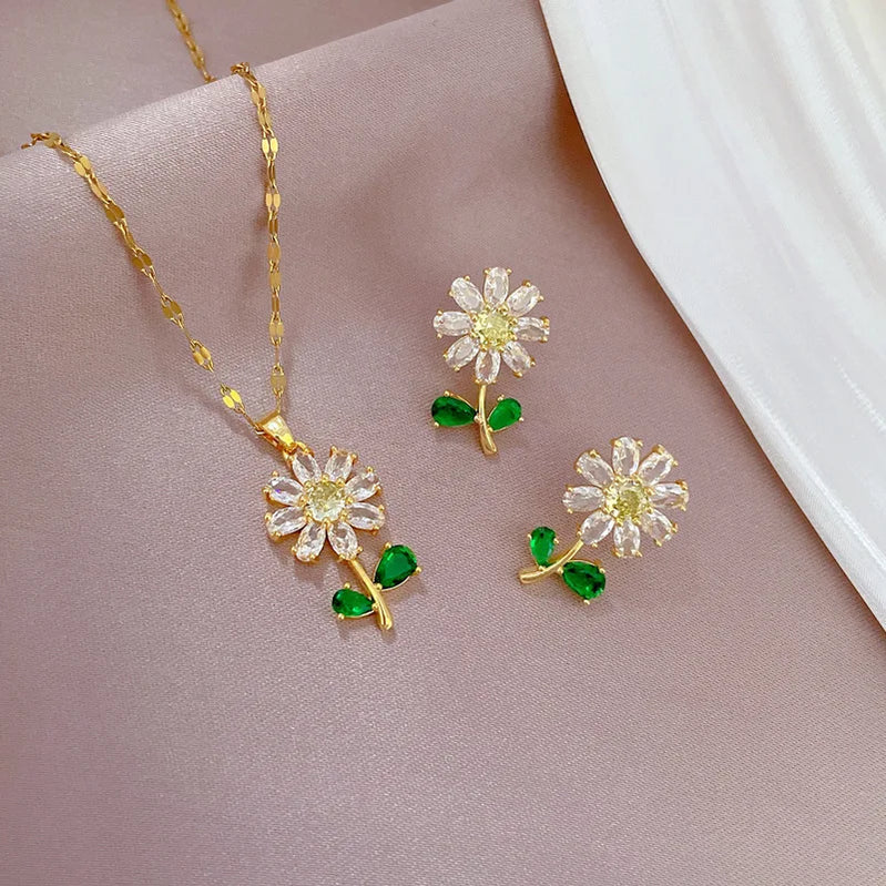 316L Stainless Steel Crystal Flower Pendant Necklace Earrings For Women Girl Fashion New Jewelry Set Lady Gift Party