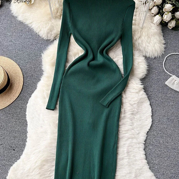 SINGREINY Winter Slim Design Knitted Dress V Neck Single Breasted A Line Split Midi Dress Long Sleeve Women Sweater Long Dress