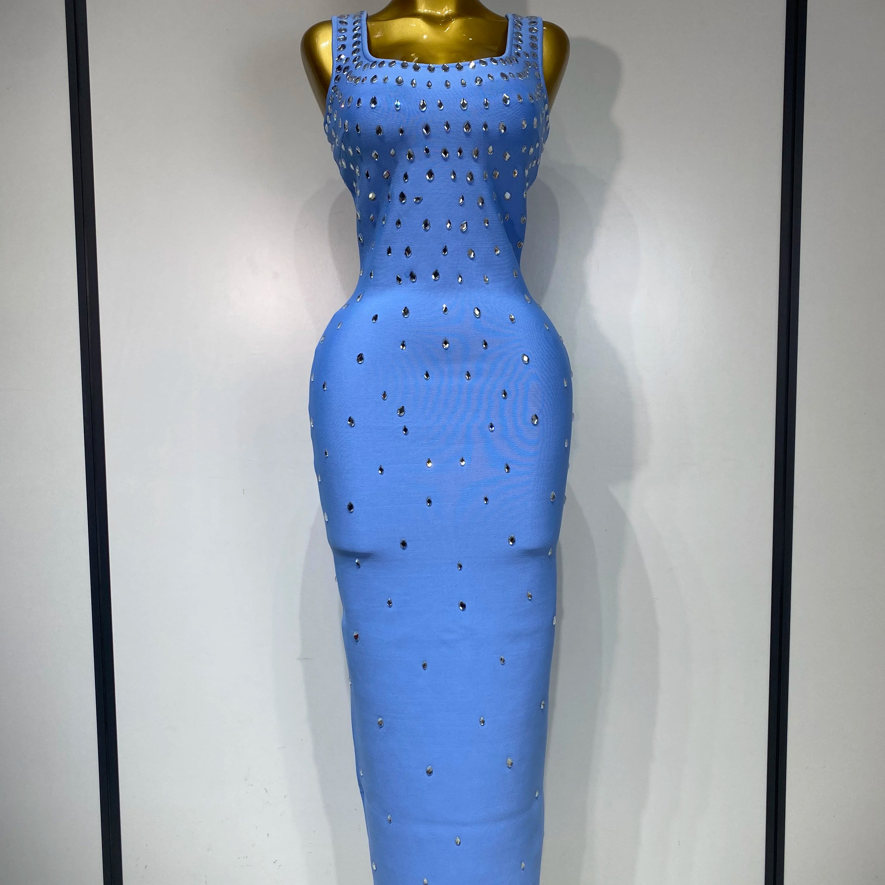 Women Sparkly Rhinestone Bandage Long Dress Elastic Sleeveless Bodycon High Street Evening Club Party Elegant Birthday Gowns