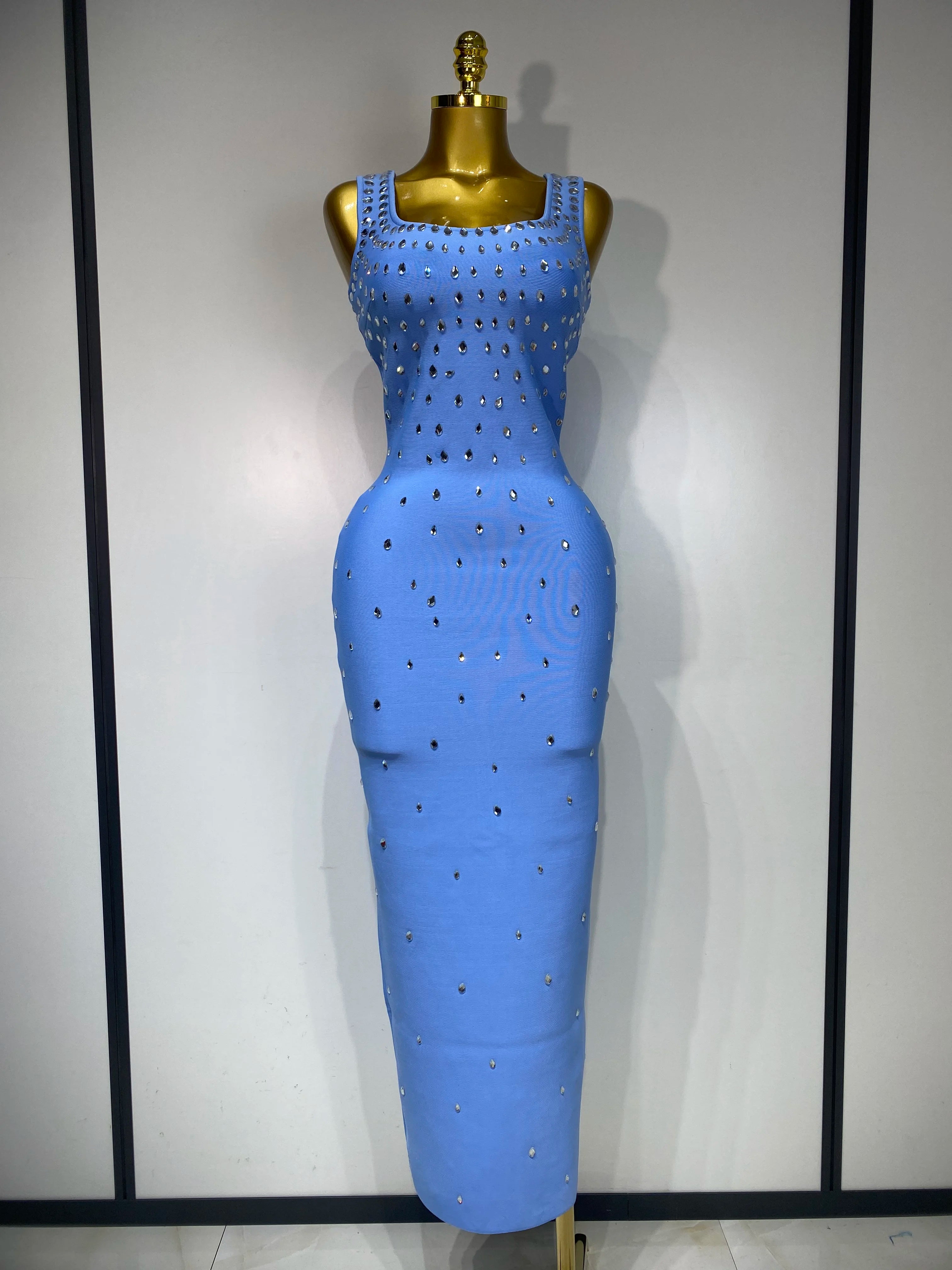 Luxury Rhinestone Bandage Long Dress Elastic Sleeveless Bodycon High Street Evening Club Party Elegant Birthday Prom Gowns