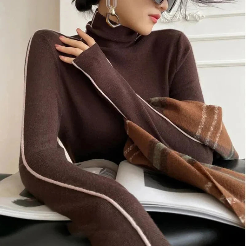 Pullovers Women Striped Turtleneck Warm Knitted Sweater Spring Fall Y2K Elegant Korean Office Lady Simple Design Bottom Jumpers Coffee