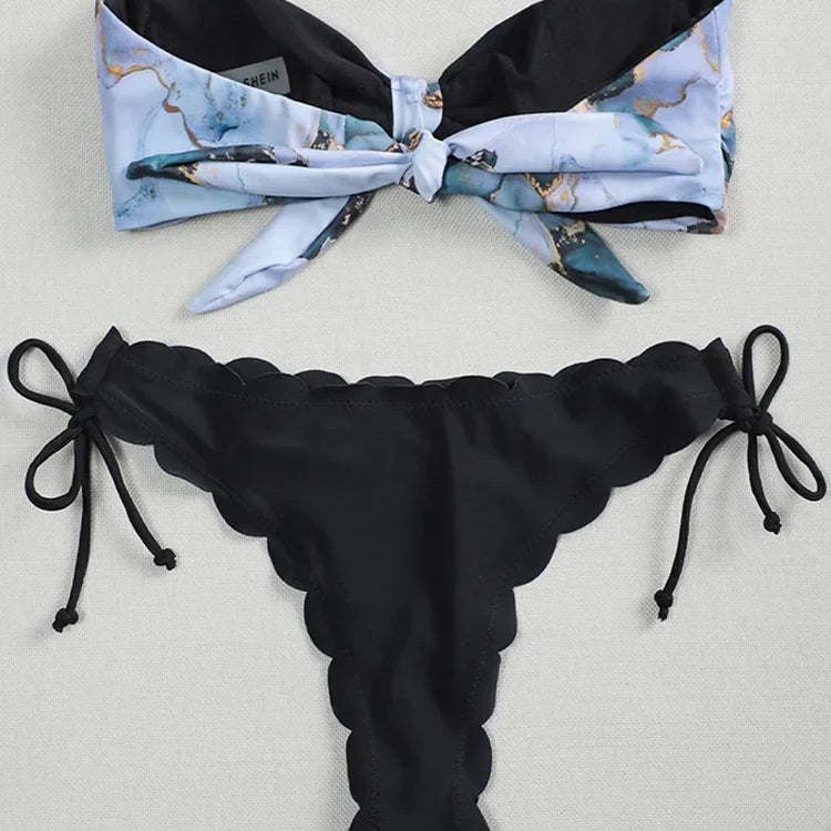 Sexy Scalloped Marble Print Bikini Women Bandeau Swimwear Female Swimsuit Two-pieces Bikini set Knotted Bather Bathing Suit Swim