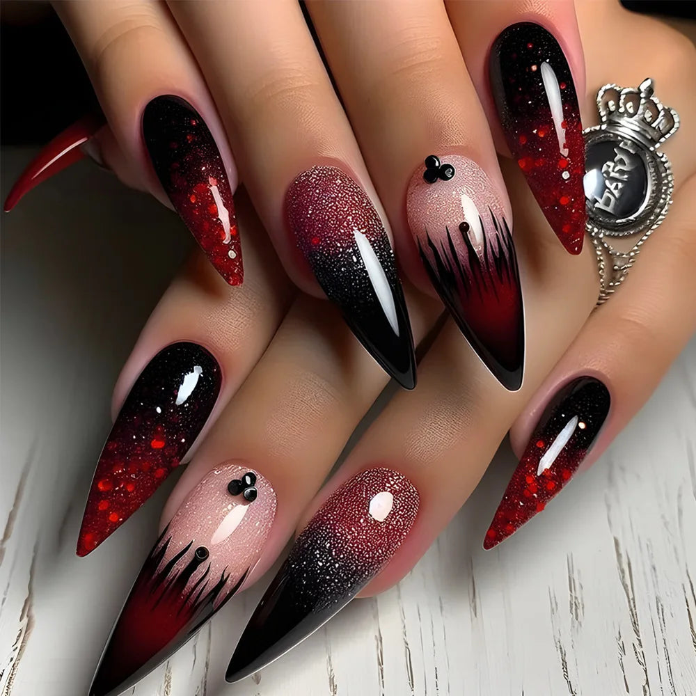24 peças de unhas postiças artesanais de amêndoa para Halloween, cobertura total, páscoa, morcego, aranha, unhas postiças legais Y2K, manicure usável, pontas de unhas artísticas