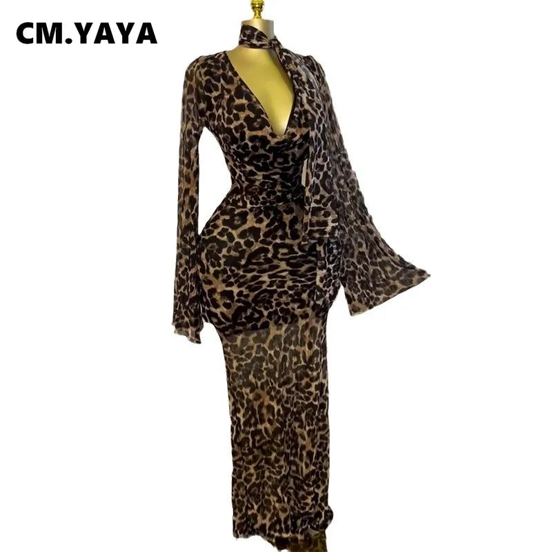CM.YAYA Women Full Sleeve Pile Collar leopard print Long Maxi Dress Holiday Beach Birthday Evening Sexy Party Dresses Vestidos