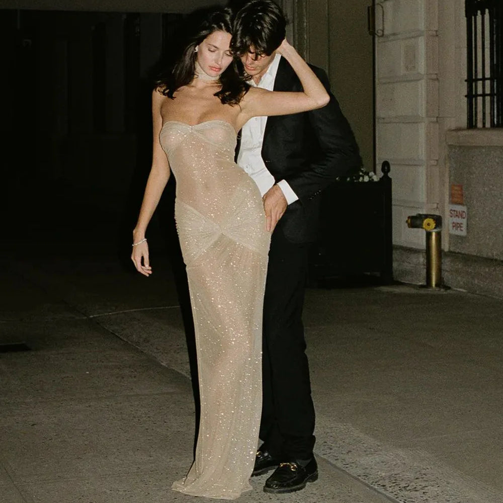 Armygreen Nude Color Women Sexy Strapless Sequins Bodycon Long Dress See Through Celebrate Nightclub Party Birthday Dress