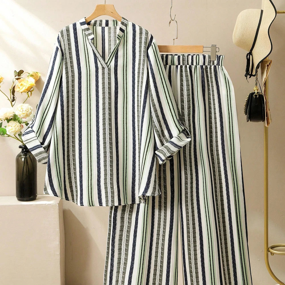 Plus Size Rafiah Women's Sets Summer Simple Basics Stripes Short Sleeve V-Neck Natural Waist Ankle Wide Leg Casual Sets
