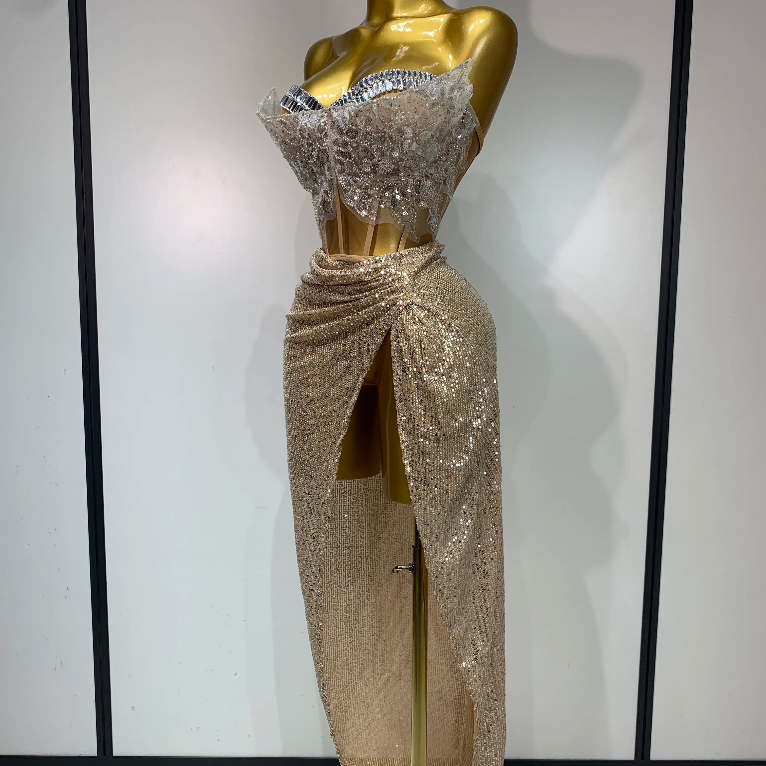 Women Sexy Singer Dancer Performan Costume Night Club Bar Girl Sparkly Sequins Diamond Party Two Piece Set Evening 0utfit