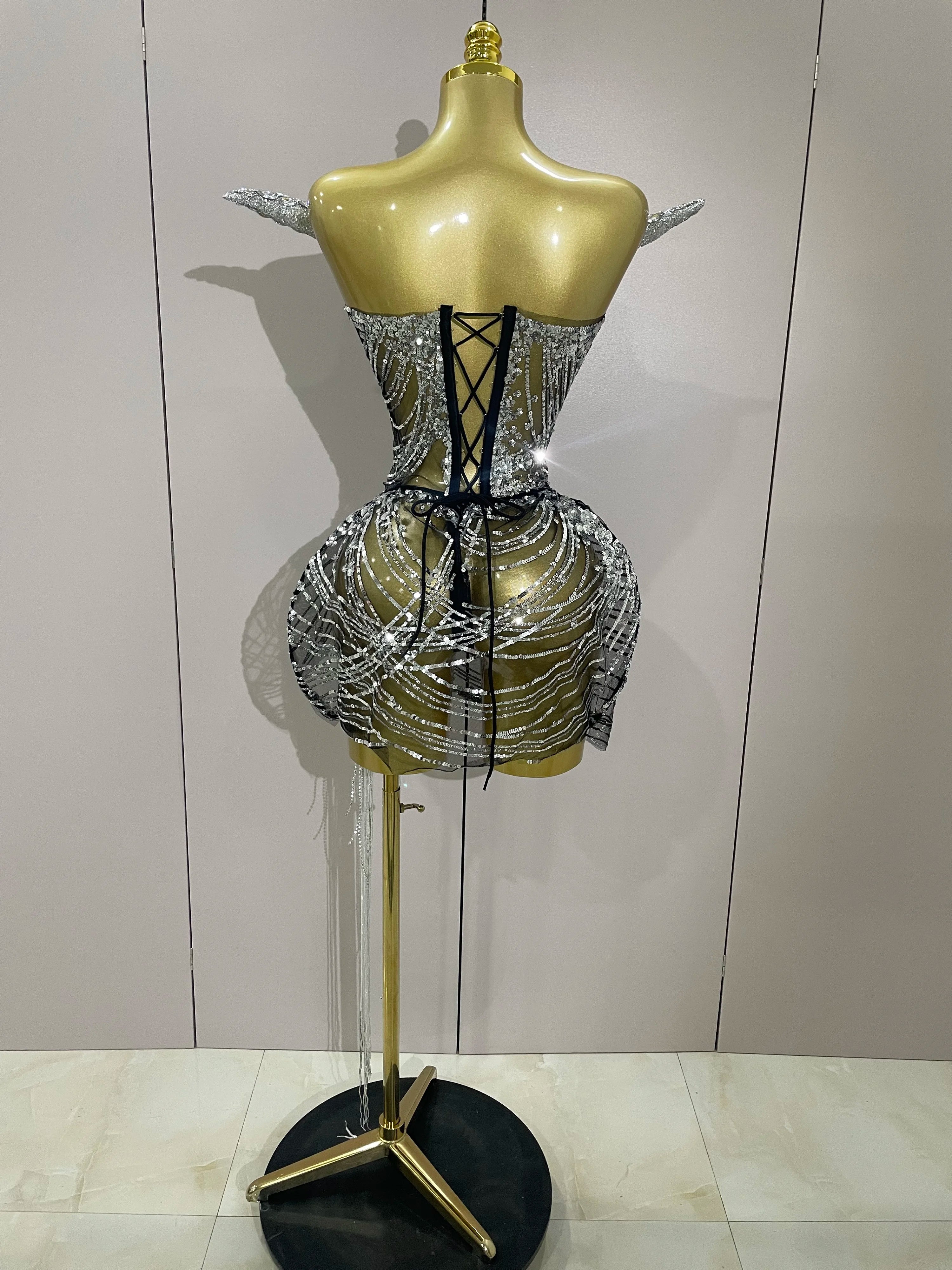 Stock Sexy Shinning Diamond Tassels Chain Strapless Tops Skirt 2 PCS Women Evening Party Celebrate Nightclub Performance Costume